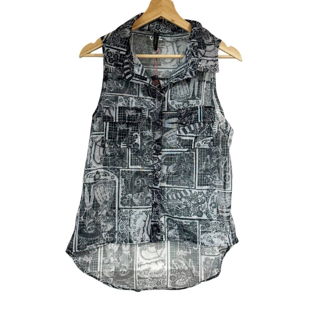 AY GUEY Women Small Sleeveless Button Down Sheer Blouse Day Of The Dead Skeleton